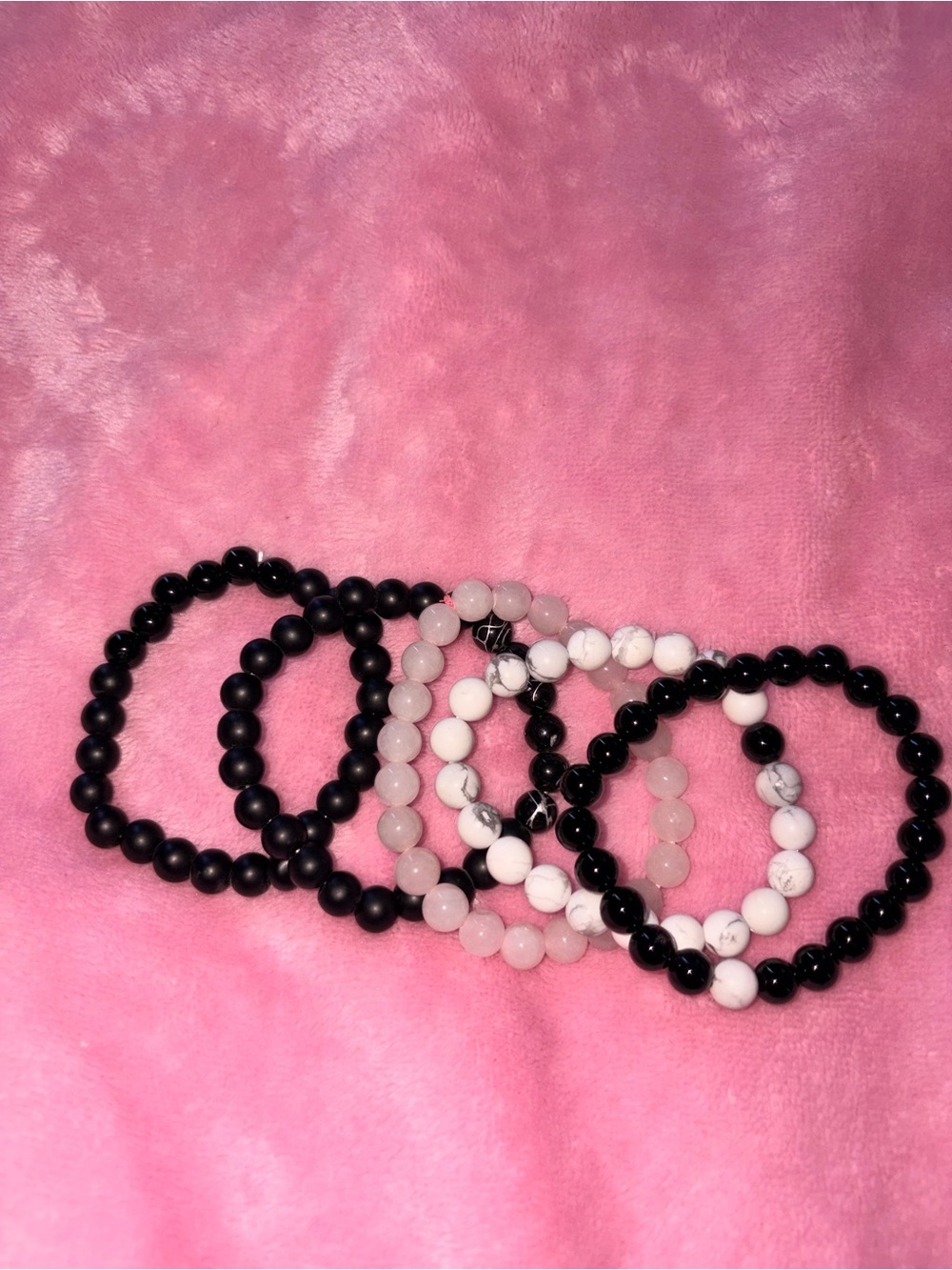 Beaded Stretch Bracelet Set - Black, White & Rose Quartz